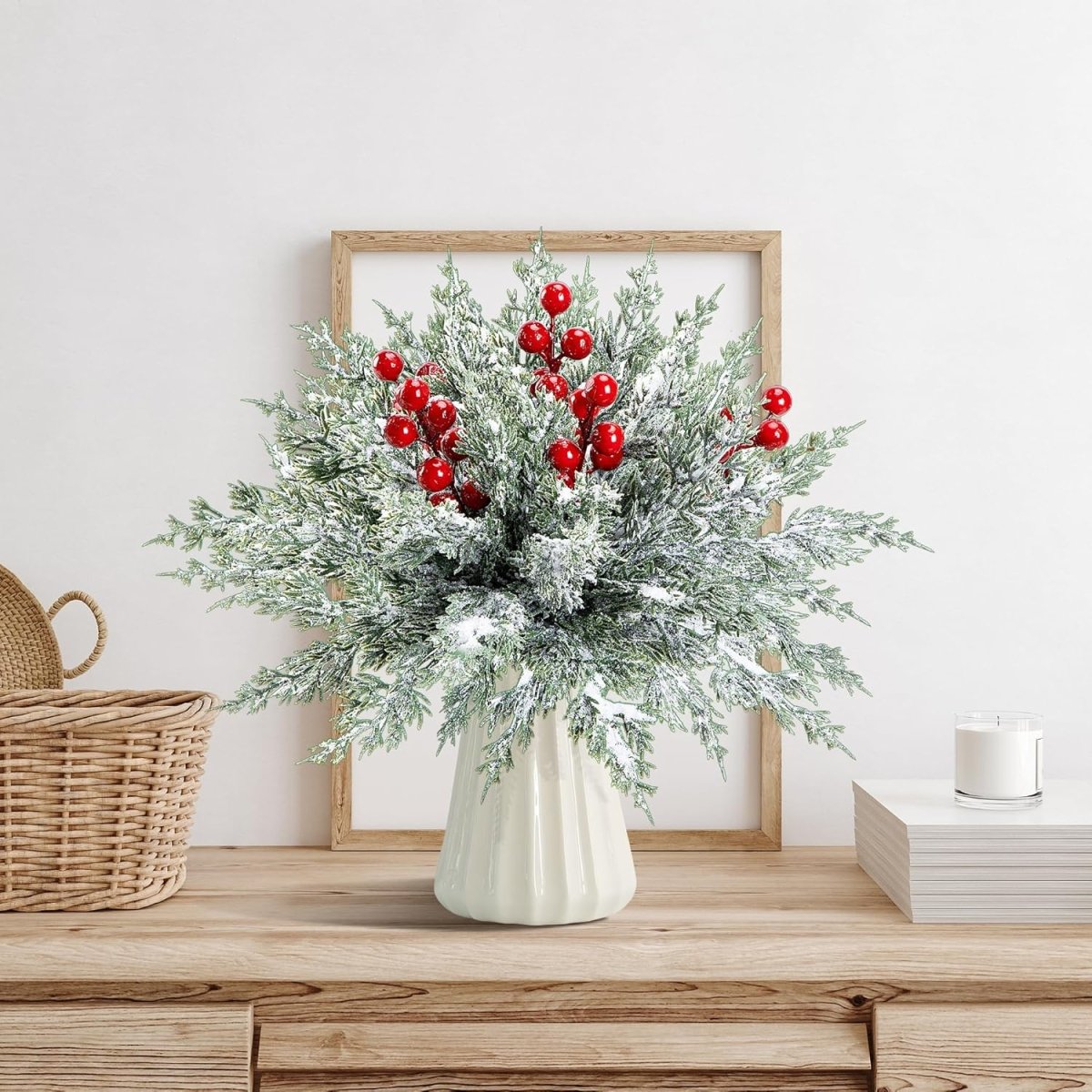 Watayo 60 Pcs Christmas Artificial Pine Branches with Red Berry Stems, 10.5&34; Faux Evergreen Norfolk Pine Cypress Leaves Stems, Fake Foliage Pine Needles Picks for DIY Craft Garland Home Decor - Homesidy.com