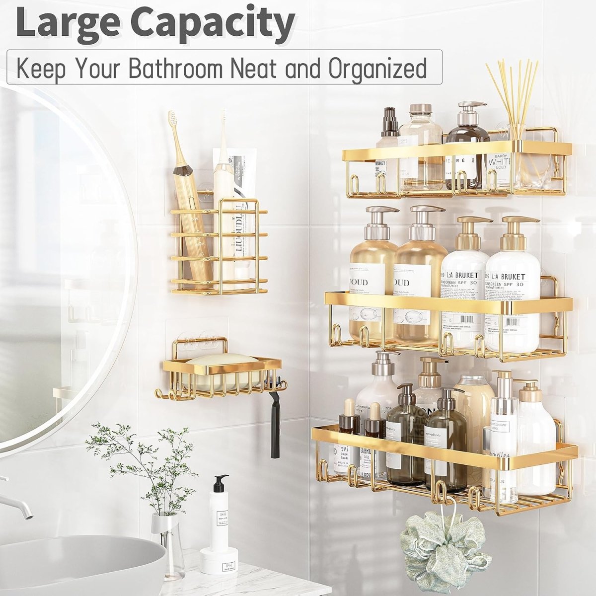 Liuoud 5 Pack Shower Caddy Organizer Rack Shelf for Inside Shower, Adhesive Bathroom Wall Storage Basket Rustproof Stainless Steel Shampoo Holder, Girly Bathroom Accessory Decor Set, Pink - Homesidy.com