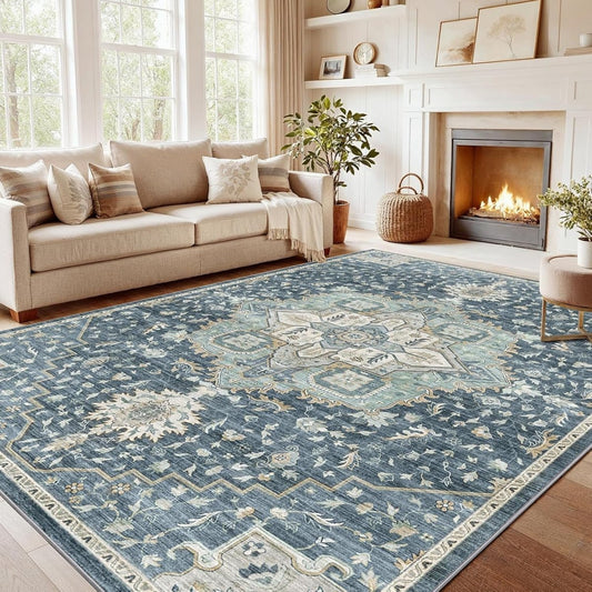 AMADA HOMEFURNISHING 8x10 Washable Area Rug, Low - Profile Large Area Rug with Non - Slip Backing &amp; Durable Edge Binding, Vintage Large Rugs for Living Room, Bedroom, Dinning Room - Homesidy.com