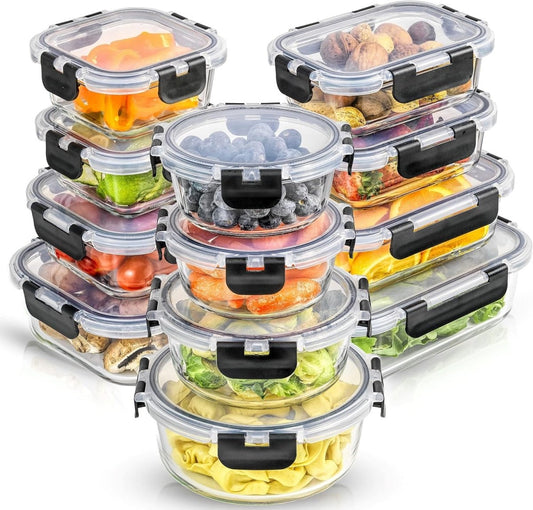 JoyJolt 24pc Borosilicate Glass Storage Containers with Lids | 12 Airtight/Freezer Safe Food Storage Containers for Pantry and Kitchen | Meal Prep Container for Lunch | Glass Tupperware Set - Homesidy.com