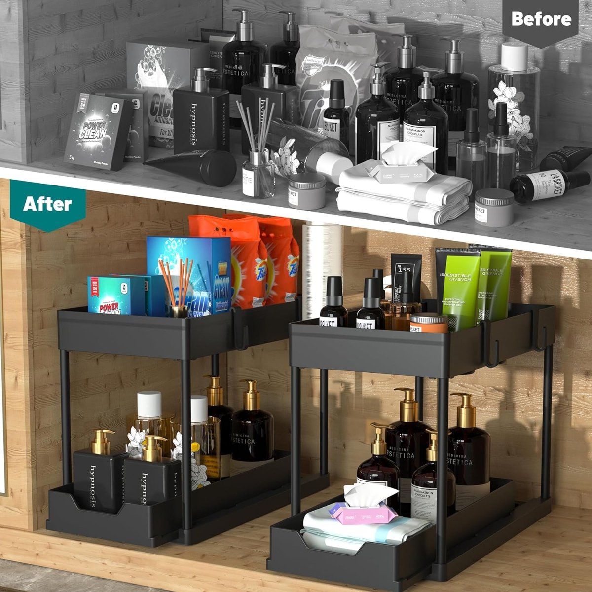 DEKAVA Under Sink Organizer 2 Pack, Bathroom Cabinet Organizer, 2 Tier Sliding Cabinet Basket Organizer Drawer, Multi - Purpose Bath Collection Baskets for Bathroom (Black) - Homesidy.com
