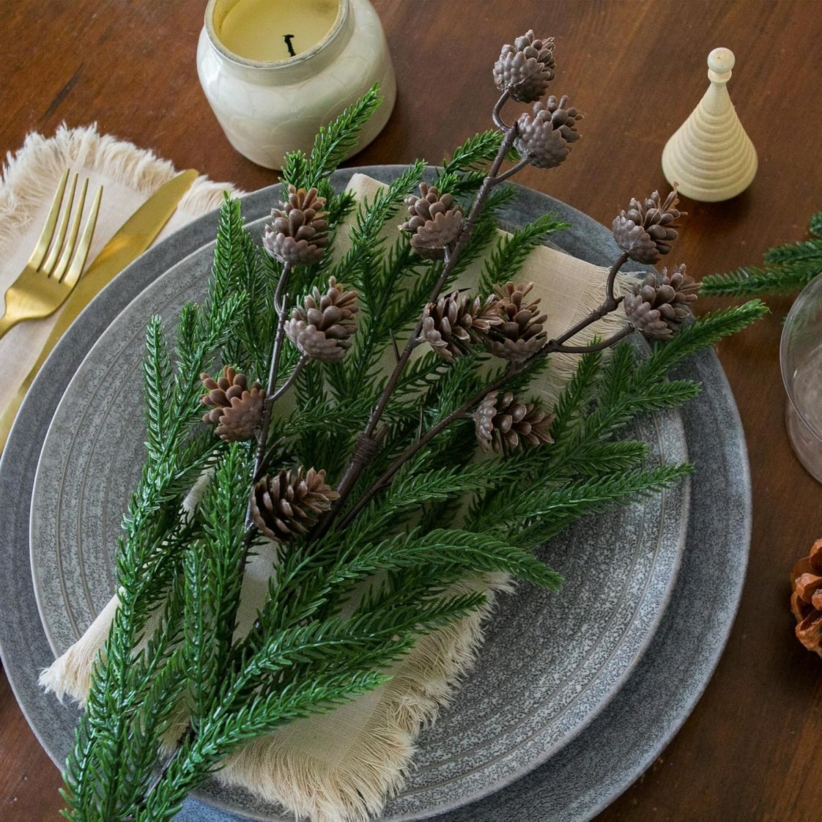 Artificial Christmas Norfolk Pine Stems Branches for Vases,12 Bundles Fake Pine Stems with 2 PCS Small Pinecones Branches Faux Evergreen Real Touch Greenery for Xmas Holiday Winter Table Indoor Decor - Homesidy.com