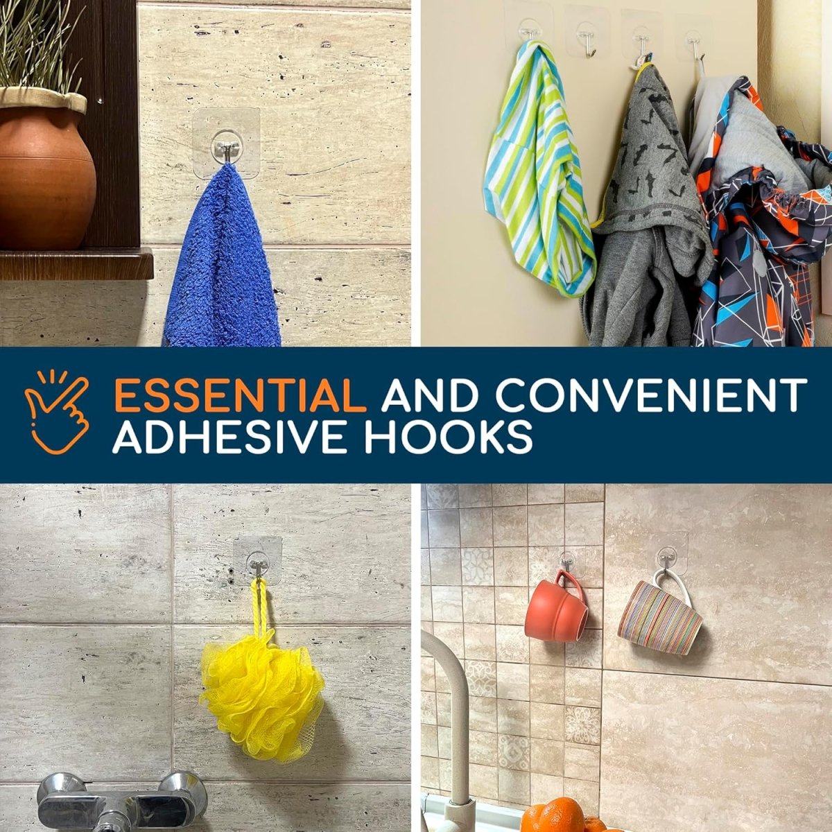 GLUIT Adhesive Wall Hooks for Hanging Heavy Duty 22 lbs Hooks for Walls No Damage, Towel Sticky Clear Hook, Waterproof, Home, Bathroom, Kitchen, Office, and Outdoor 12 Pack - Homesidy.com