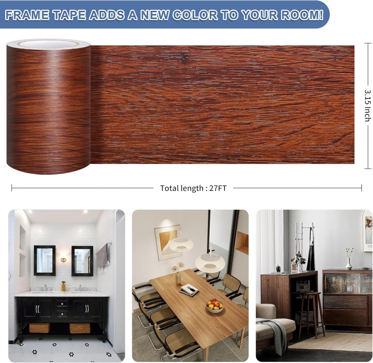 TIANLDD 27 FT Wood Grain Wallpaper Border, Removable Waterproof Mirror Border Peel and Stick,Bathroom Mirror Frame Border.(Black) - Homesidy.com