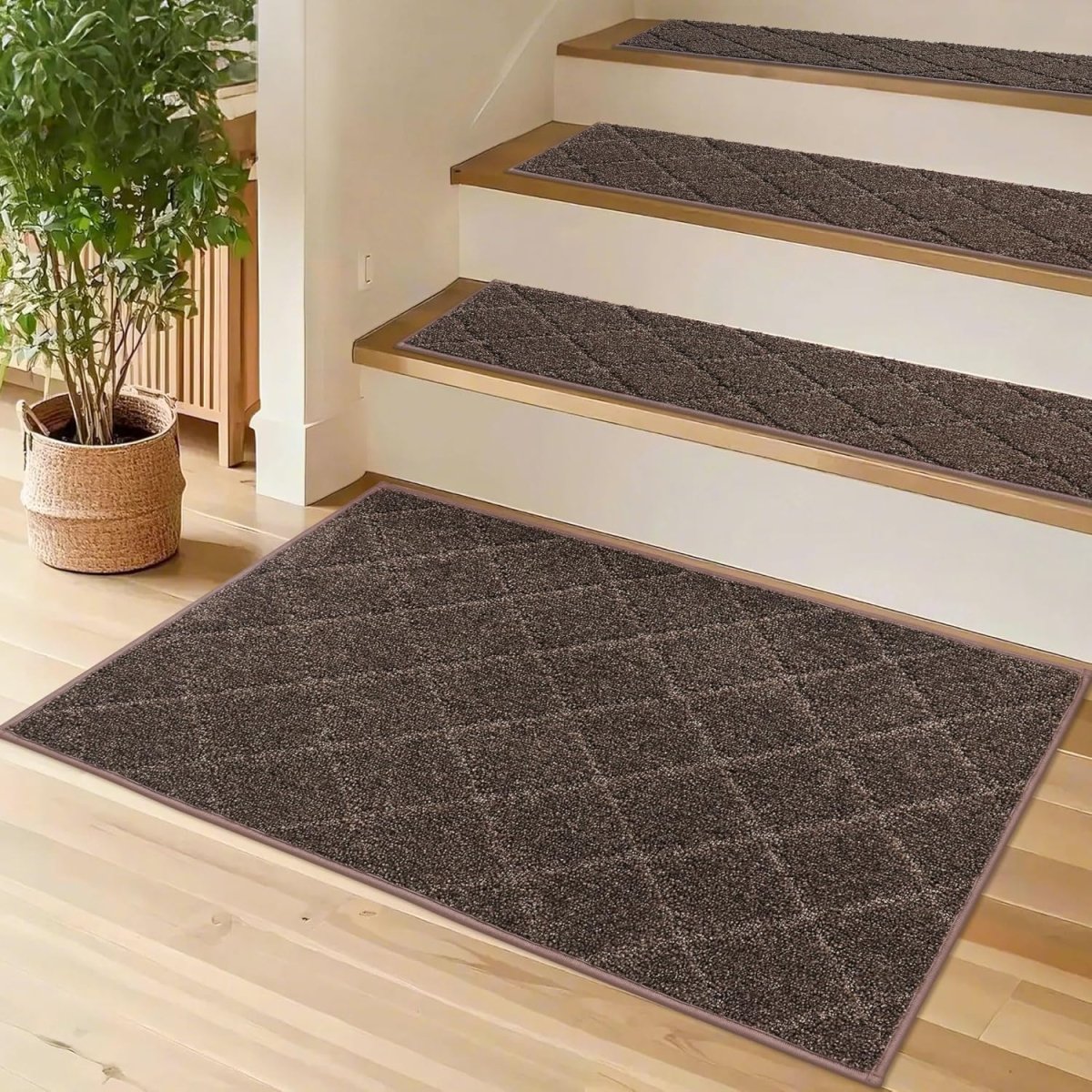 COSY HOMEER Edging Stair Treads Non - Slip Carpet Mat 28inX9in Indoor Stair Runners for Wooden Steps, Edging Stair Rugs for Kids and Dogs, 100% Polyester TPE Backing (15pc, Beige) - Homesidy.com