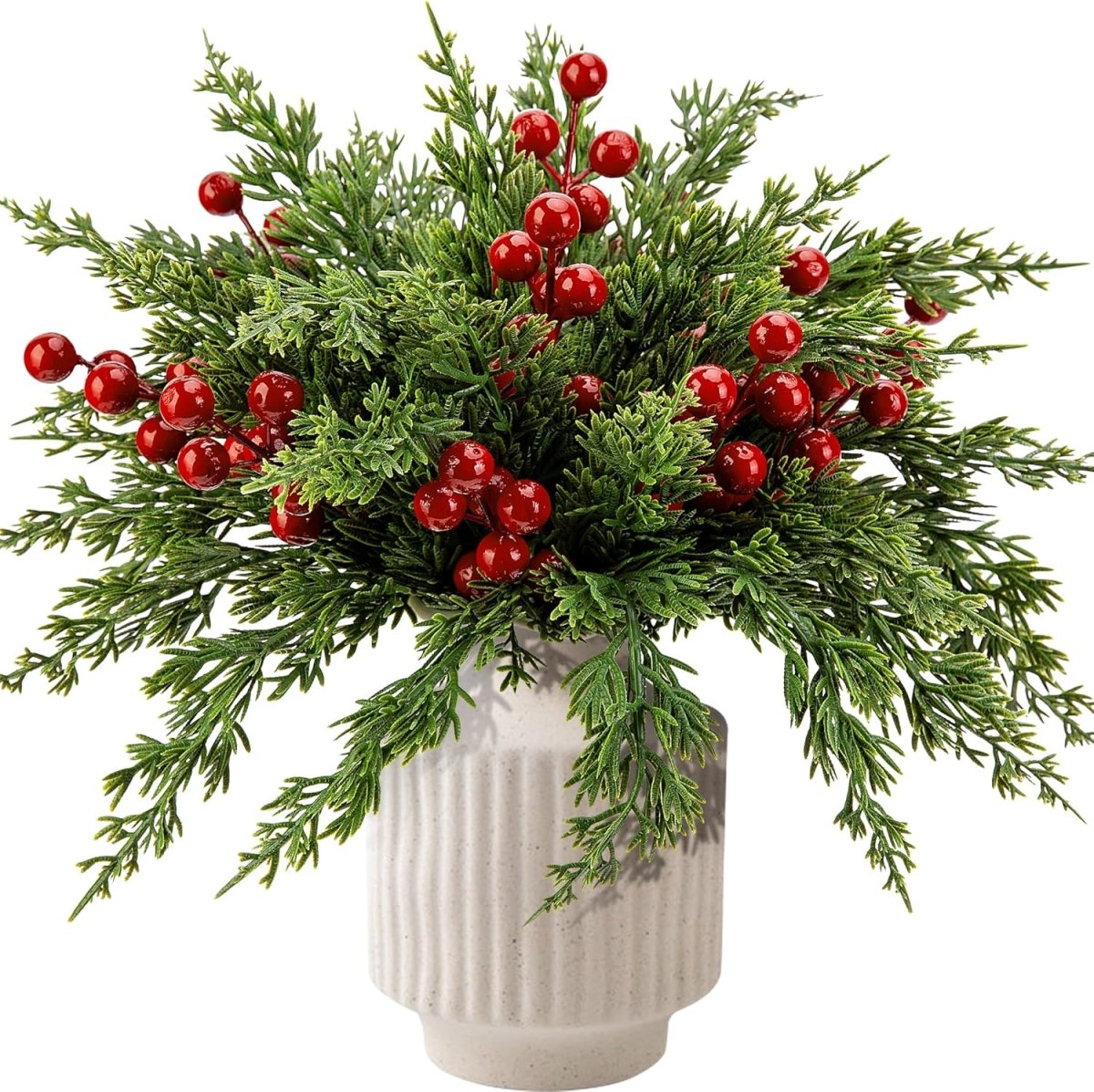 Watayo 60 Pcs Christmas Artificial Pine Branches with Red Berry Stems, 10.5&34; Faux Evergreen Norfolk Pine Cypress Leaves Stems, Fake Foliage Pine Needles Picks for DIY Craft Garland Home Decor - Homesidy.com