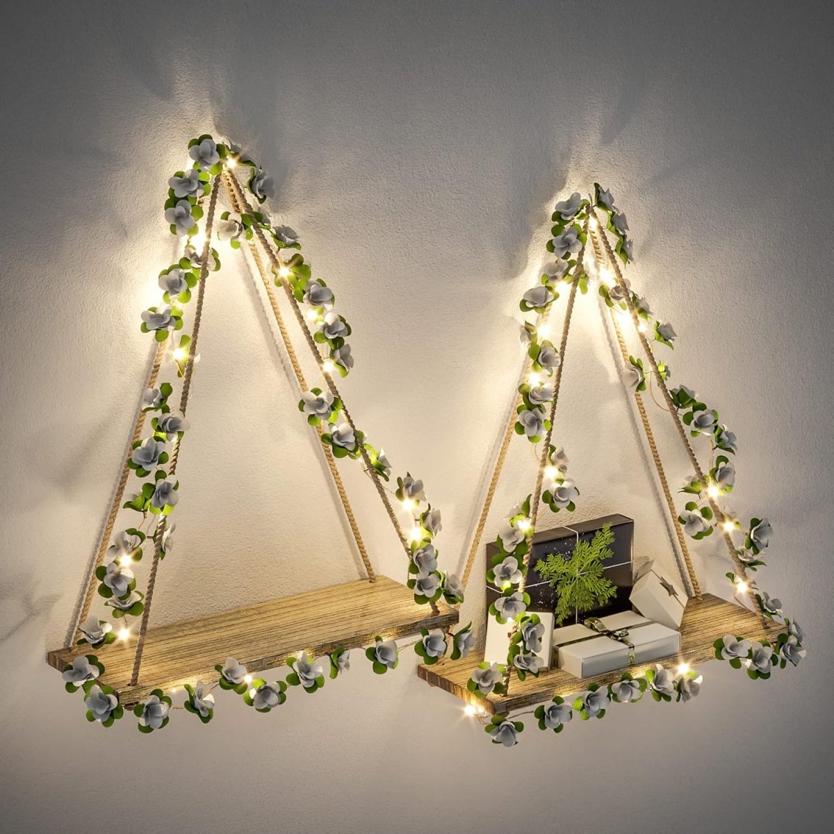 RICHER HOUSE Artificial Ivy LED - Strip Wall Hanging Shelves Set of 2, Macrame Shelf for Bedroom Living Room Kitchen, Wood Hanging Plant Shelves for Wall Décor, Thanksgiving &amp; Christmas Decorations - Homesidy.com