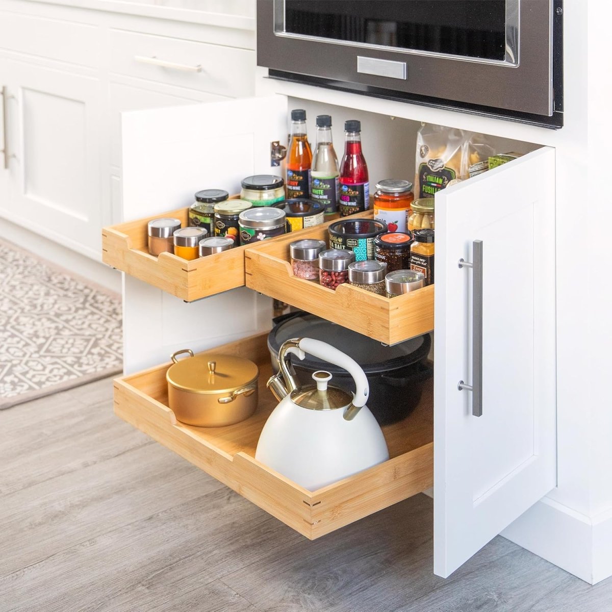 HOLDN’ STORAGE Bamboo Wooden Pull out Cabinet Organizer. 17&34; W x 21&34; D - Requires At Least a 18.25&34; W x 21&34; D.Cabinet Opening. W/Lifetime Limited Warranty. Bamboo Tray and Heavy gauge metal rails. - Homesidy.com