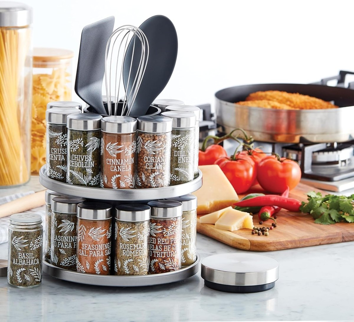 Kamenstein 20 Jar Revolving Countertop Spice Rack with Spices Included, FREE Spice Refills for 5 Years, Polished Stainless Steel with Black Caps, 30020 - Homesidy.com