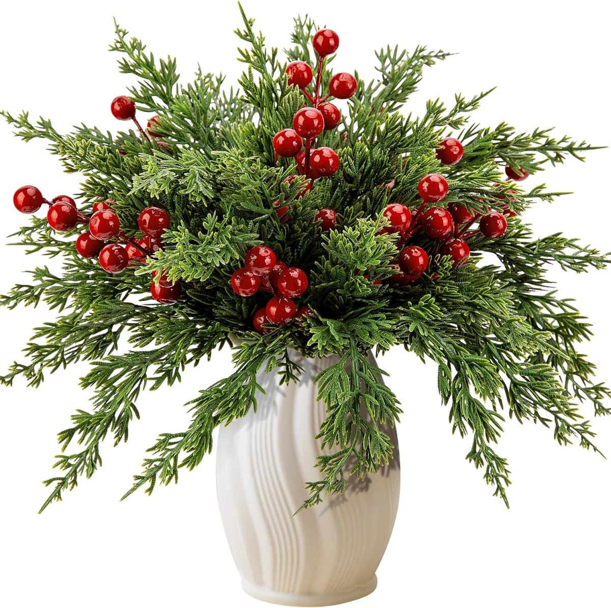 Watayo 60 Pcs Christmas Artificial Pine Branches with Red Berry Stems, 10.5&34; Faux Evergreen Norfolk Pine Cypress Leaves Stems, Fake Foliage Pine Needles Picks for DIY Craft Garland Home Decor - Homesidy.com