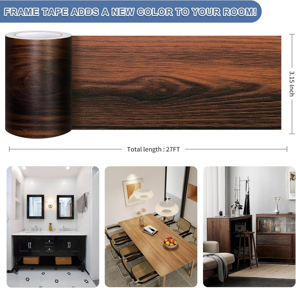 TIANLDD 27 FT Wood Grain Wallpaper Border, Removable Waterproof Mirror Border Peel and Stick,Bathroom Mirror Frame Border.(Black) - Homesidy.com