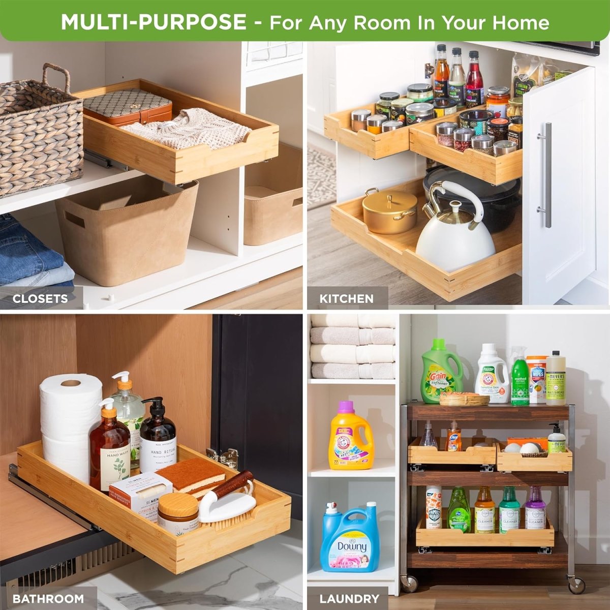 HOLDN’ STORAGE Bamboo Wooden Pull out Cabinet Organizer. 17&34; W x 21&34; D - Requires At Least a 18.25&34; W x 21&34; D.Cabinet Opening. W/Lifetime Limited Warranty. Bamboo Tray and Heavy gauge metal rails. - Homesidy.com