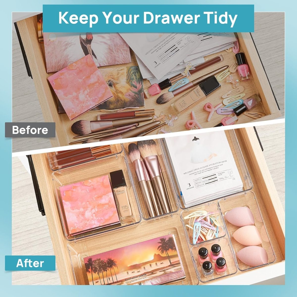 Vtopmart 25 PCS Clear Plastic Drawer Organizers Set, 4 - Size Versatile Bathroom and Vanity Drawer Organizer Trays, Storage Bins for Makeup, Bedroom, Kitchen Gadgets Utensils and Office - Homesidy.com
