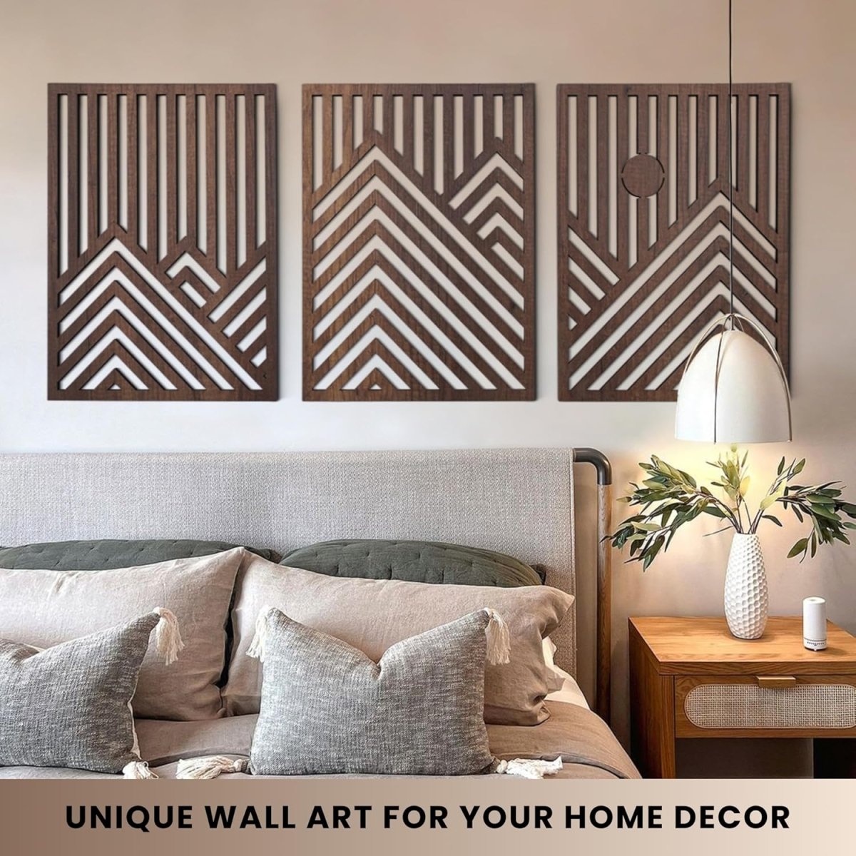 qmmp Modern Wooden Wall Sculptures - Set of 3 - MDF - Oak - Home Decor Accent - Large Wall Art for Living Room, Bedroom, Office - Easy Installation (Oak, Medium - Mountain and Sun, Unframed) - Homesidy.com
