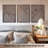 qmmp Modern Wooden Wall Sculptures - Set of 3 - MDF - Oak - Home Decor Accent - Large Wall Art for Living Room, Bedroom, Office - Easy Installation (Oak, Medium - Mountain and Sun, Unframed) - Homesidy.com