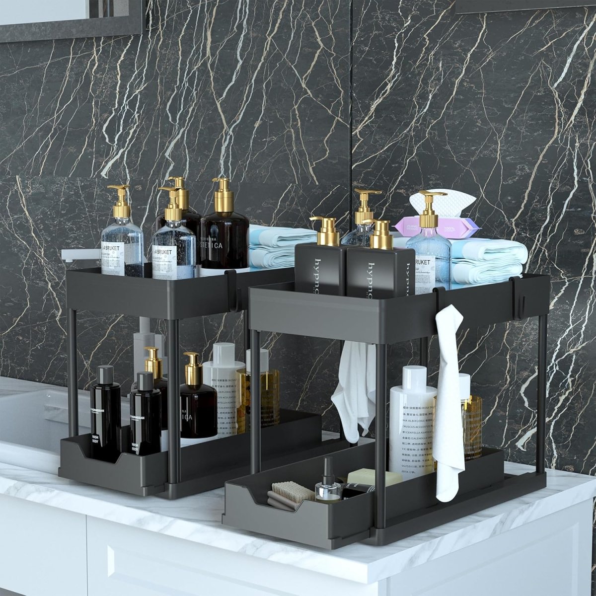 DEKAVA Under Sink Organizer 2 Pack, Bathroom Cabinet Organizer, 2 Tier Sliding Cabinet Basket Organizer Drawer, Multi - Purpose Bath Collection Baskets for Bathroom (Black) - Homesidy.com