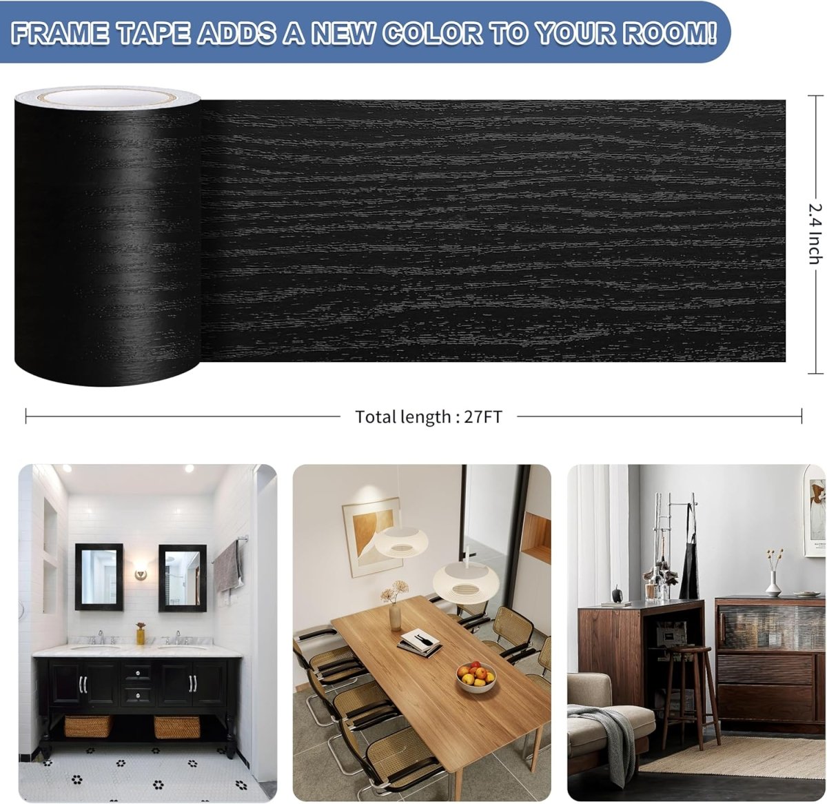 TIANLDD 27 FT Wood Grain Wallpaper Border, Removable Waterproof Mirror Border Peel and Stick,Bathroom Mirror Frame Border.(Black) - Homesidy.com