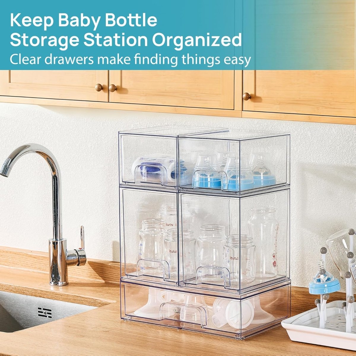 Vtopmart Stackable Storage Drawers Set of 5, Clear Plastic Organizer Bins for Baby Bottle, Beauty Supplies Storage, Ideal for Kichen Countertop, Vanity, Bathroom, Cabinet, Pantry Organization - Homesidy.com