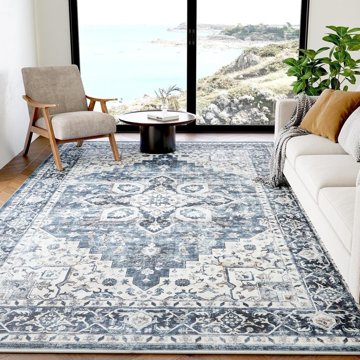 AMADA HOMEFURNISHING 8x10 Washable Area Rug, Low - Profile Large Area Rug with Non - Slip Backing &amp; Durable Edge Binding, Vintage Large Rugs for Living Room, Bedroom, Dinning Room - Homesidy.com