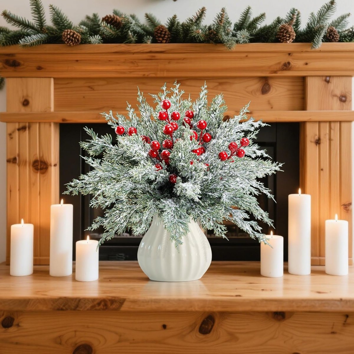 Watayo 60 Pcs Christmas Artificial Pine Branches with Red Berry Stems, 10.5&34; Faux Evergreen Norfolk Pine Cypress Leaves Stems, Fake Foliage Pine Needles Picks for DIY Craft Garland Home Decor - Homesidy.com