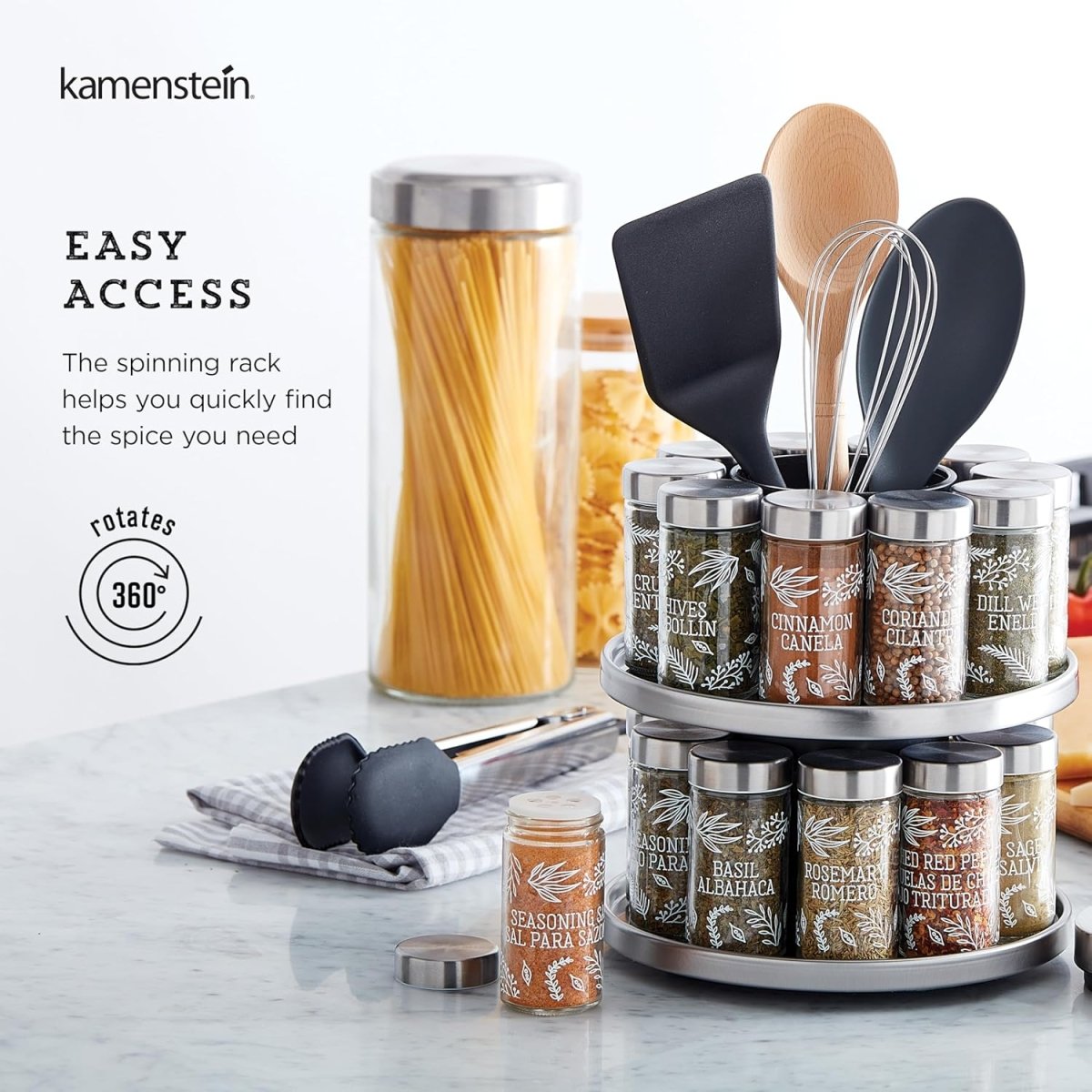 Kamenstein 20 Jar Revolving Countertop Spice Rack with Spices Included, FREE Spice Refills for 5 Years, Polished Stainless Steel with Black Caps, 30020 - Homesidy.com