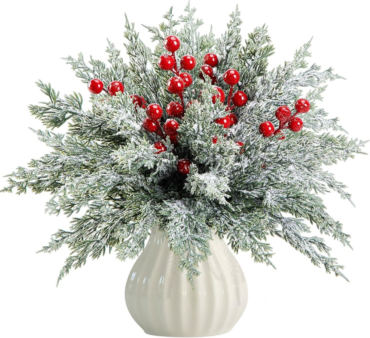 Watayo 60 Pcs Christmas Artificial Pine Branches with Red Berry Stems, 10.5&34; Faux Evergreen Norfolk Pine Cypress Leaves Stems, Fake Foliage Pine Needles Picks for DIY Craft Garland Home Decor - Homesidy.com