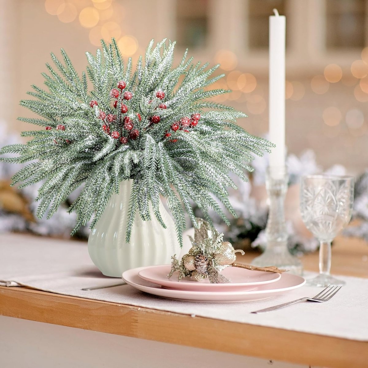Watayo 60 Pcs Christmas Artificial Pine Branches with Red Berry Stems, 10.5&34; Faux Evergreen Norfolk Pine Cypress Leaves Stems, Fake Foliage Pine Needles Picks for DIY Craft Garland Home Decor - Homesidy.com