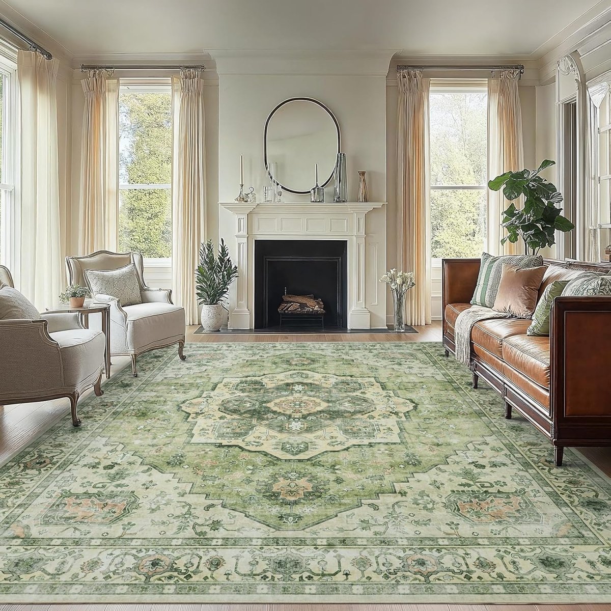 AMADA HOMEFURNISHING 8x10 Washable Area Rug, Low - Profile Large Area Rug with Non - Slip Backing &amp; Durable Edge Binding, Vintage Large Rugs for Living Room, Bedroom, Dinning Room - Homesidy.com