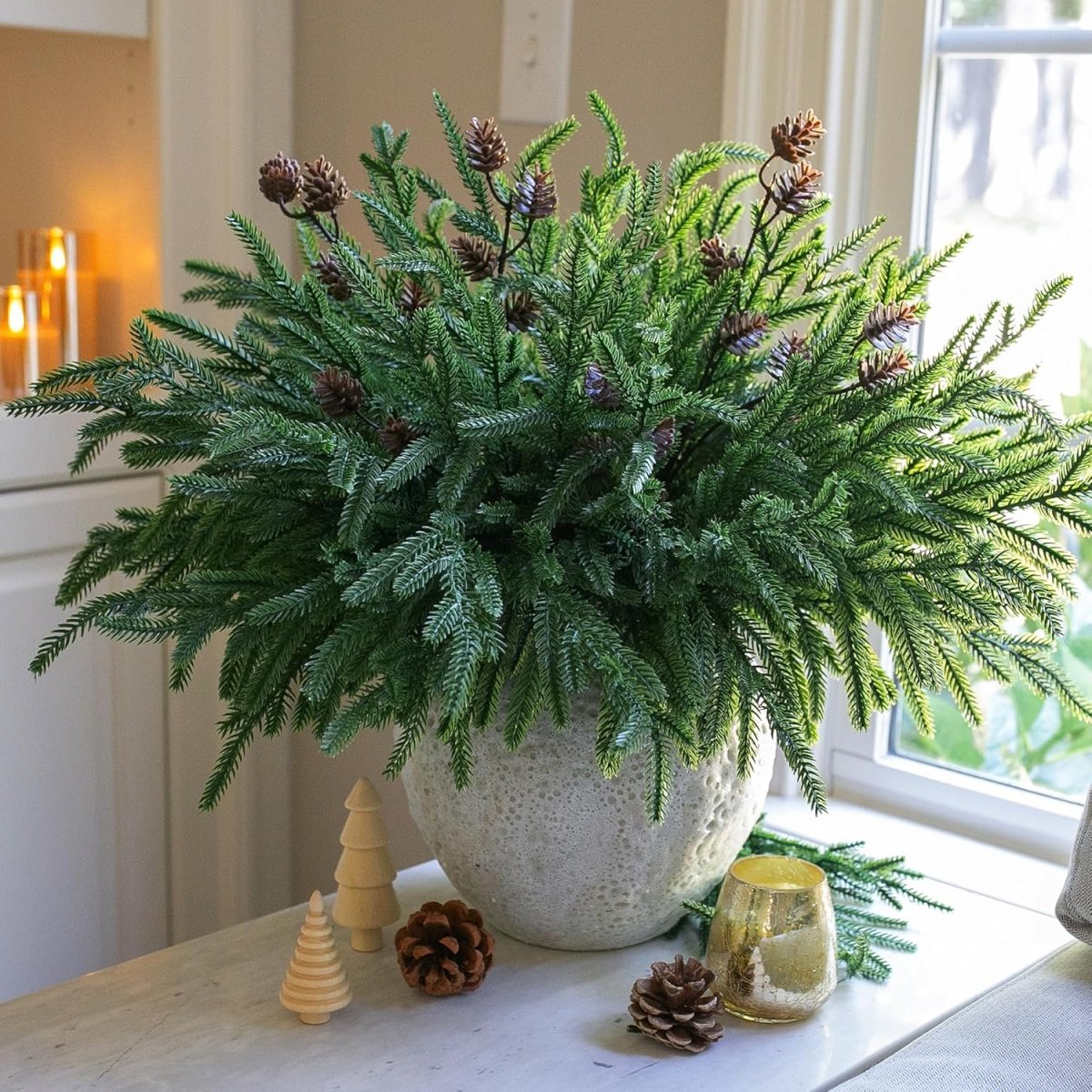 Artificial Christmas Norfolk Pine Stems Branches for Vases,12 Bundles Fake Pine Stems with 2 PCS Small Pinecones Branches Faux Evergreen Real Touch Greenery for Xmas Holiday Winter Table Indoor Decor - Homesidy.com