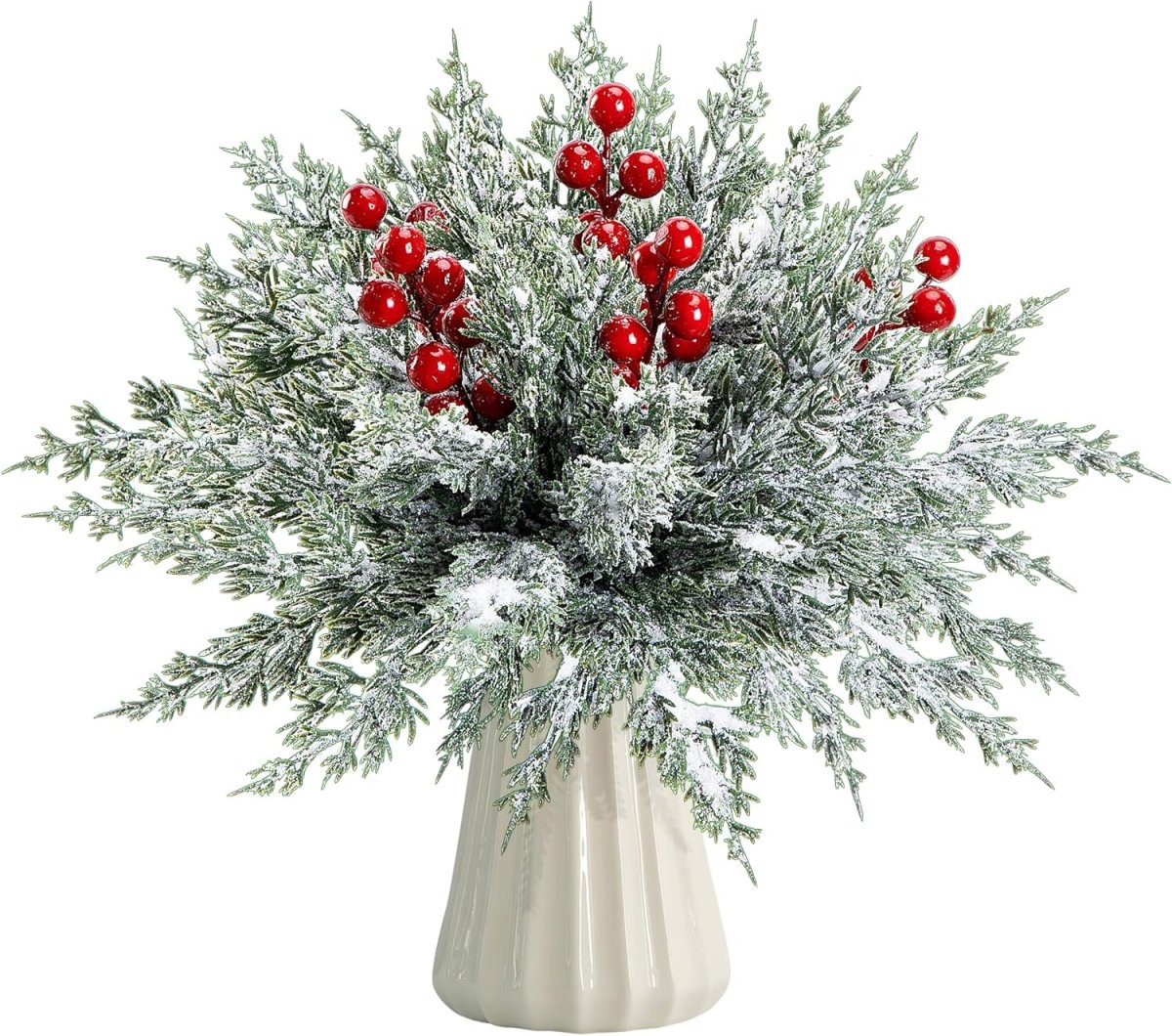 Watayo 60 Pcs Christmas Artificial Pine Branches with Red Berry Stems, 10.5&34; Faux Evergreen Norfolk Pine Cypress Leaves Stems, Fake Foliage Pine Needles Picks for DIY Craft Garland Home Decor - Homesidy.com