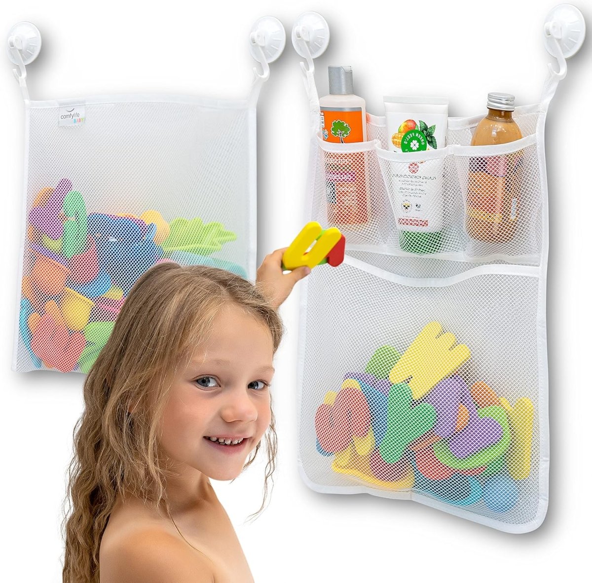 2 x Mesh Bath Toy Organizer 8 Ultra Strong Hooks – The Perfect Bathtub Toy Holder &amp; Bathroom or Shower Caddy – These Multi - use Net Bags Make Baby Bath Toy Storage Easy – For Kids &amp; Toddlers - Homesidy.com