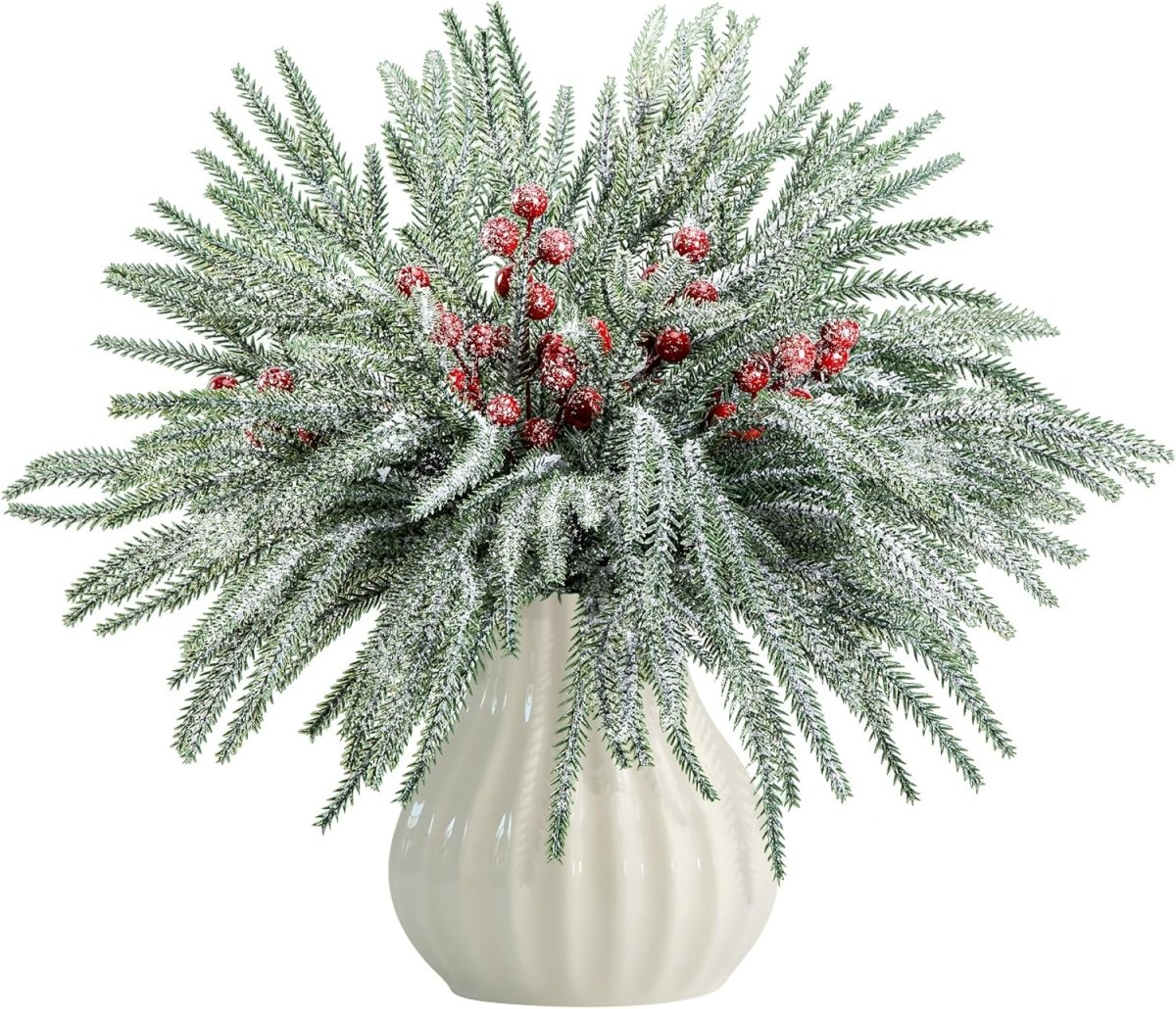 Watayo 60 Pcs Christmas Artificial Pine Branches with Red Berry Stems, 10.5&34; Faux Evergreen Norfolk Pine Cypress Leaves Stems, Fake Foliage Pine Needles Picks for DIY Craft Garland Home Decor - Homesidy.com