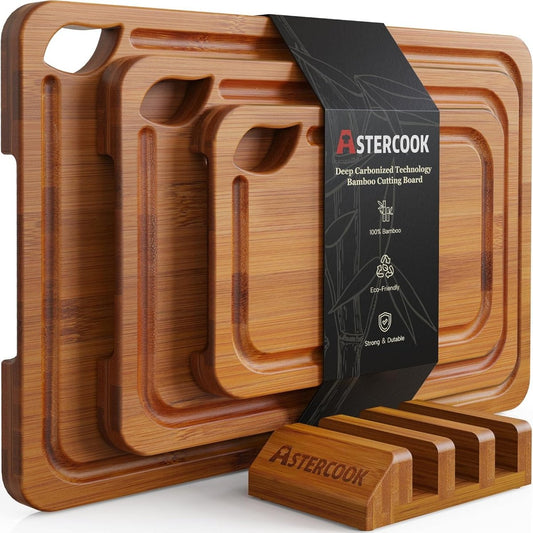 Astercook Deep - Carbonized Bamboo Cutting Boards for Kitchen with Wood Storage Stand, Reversible Charcuterie &amp; Chopping Boards with Juice Grooves and Easy - Grip Handles, Knife - Friendly, Kitchen Gift - Homesidy.com