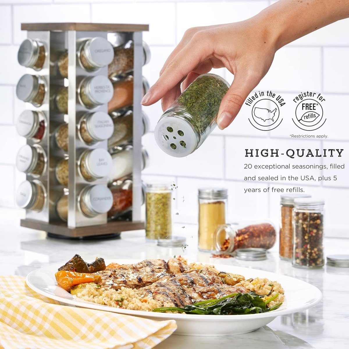 Kamenstein 20 Jar Revolving Countertop Spice Rack with Spices Included, FREE Spice Refills for 5 Years, Polished Stainless Steel with Black Caps, 30020 - Homesidy.com